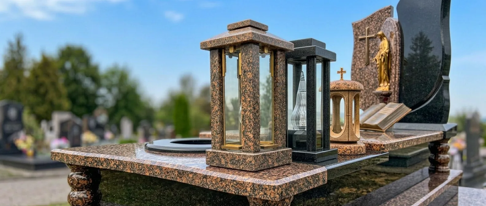 Granitowe znicze stojące na płycie nagrobnej, dobrane kolorem do kamienia nagrobka